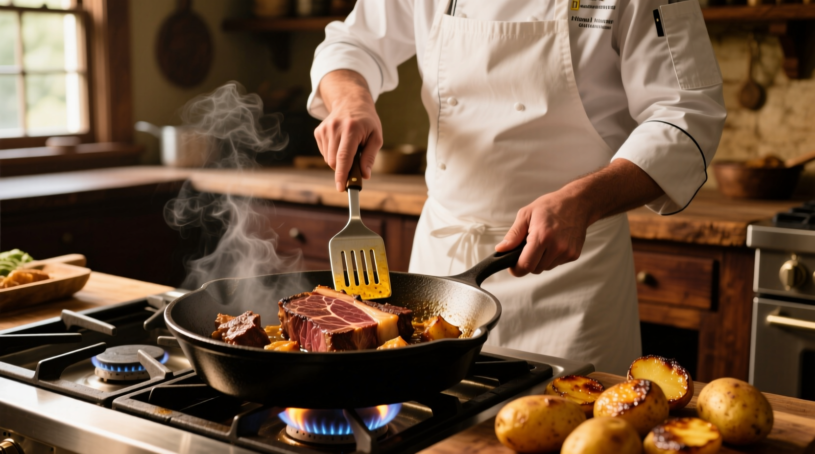 Chef preparing roasted meat and potatoes in cast iron skillet