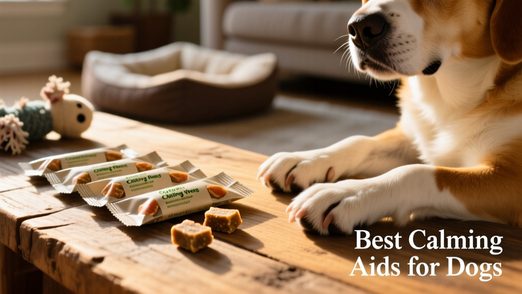Close-up of chicken-flavored calming chews arranged on a wooden surface beside a happy dog’s paw