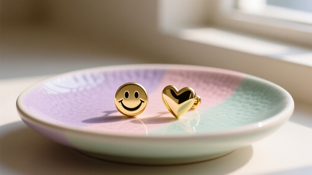 Gold-plated smiley and heart emoji earrings on a textured pastel ceramic dish, illuminated by soft natural window lighting.