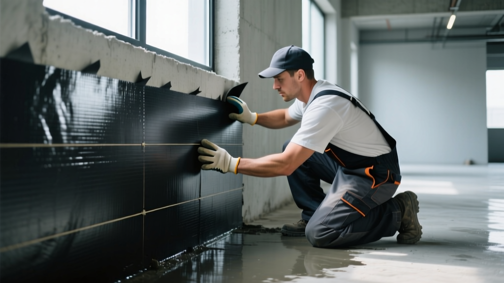 Worker applying thick black peel-and-stick modified bitumen waterproofing membrane to a freshly poured concrete basement foundation wall