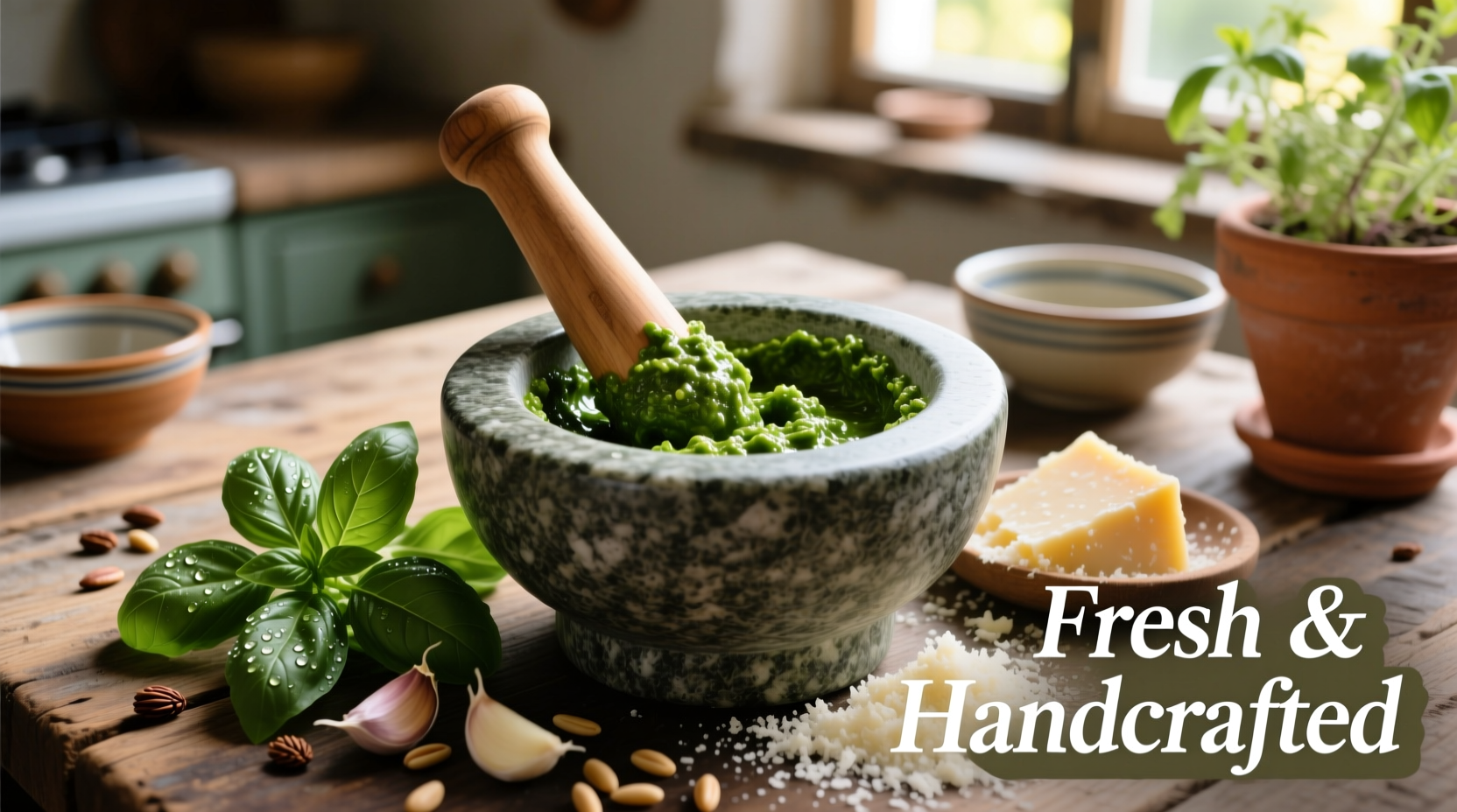 Fresh basil pesto in mortar with ingredients