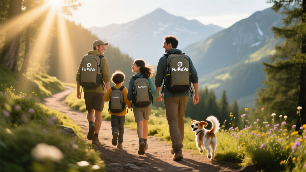 Caz’s family smiling on a mountain trail, with a small 'FurPetVo' logo subtly visible on their travel backpack