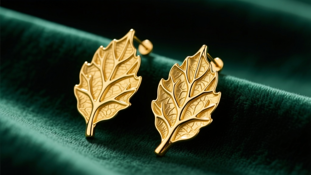 Close-up of 14k yellow gold leaf earrings with deeply etched veins, resting on dark green velvet under soft studio lighting.