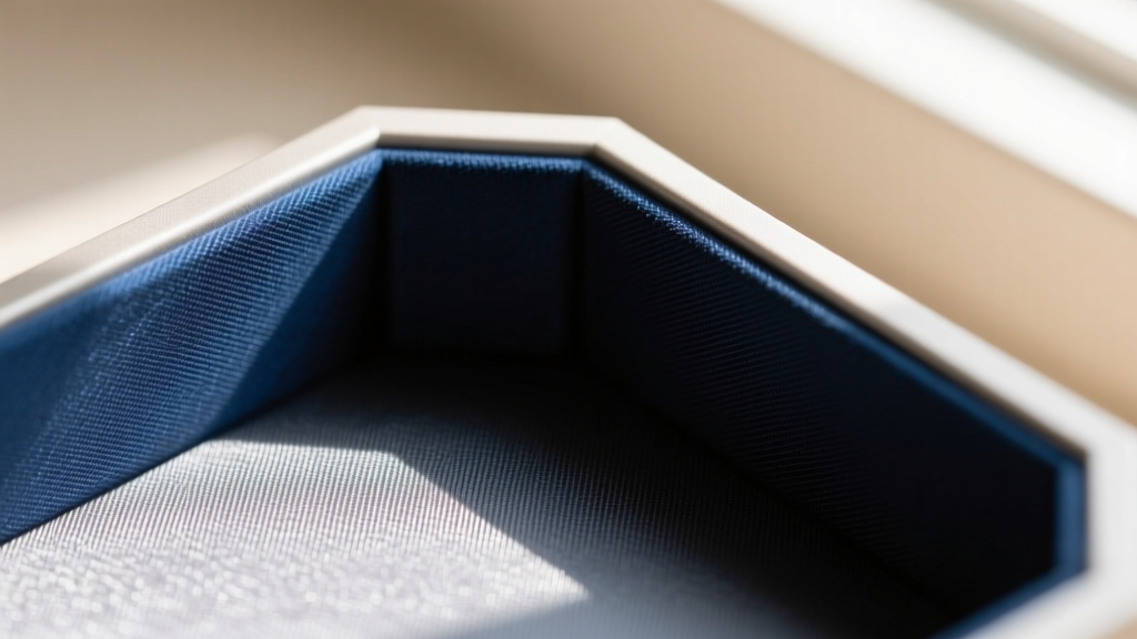Macro shot of anti-tarnish microfibre lining stretched over the 135-degree corner of an octagonal jewelry box frame.