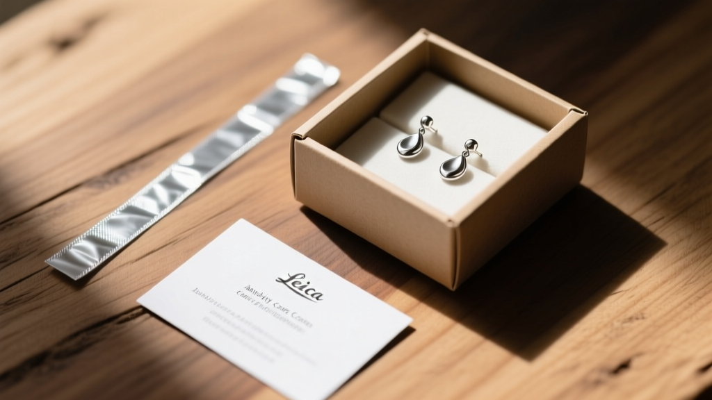 Flat lay of silver earring packaging with a kraft box, an anti-tarnish strip, and a printed jewelry care instruction card on wood