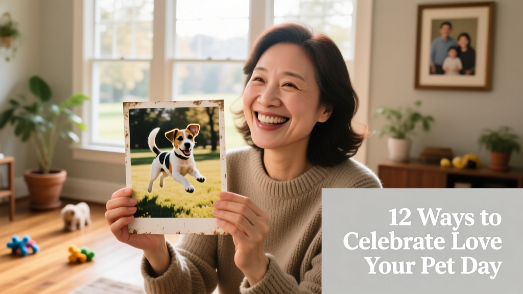 A joyful pet owner holding a printed photo of their pet's adoption day, smiling broadly