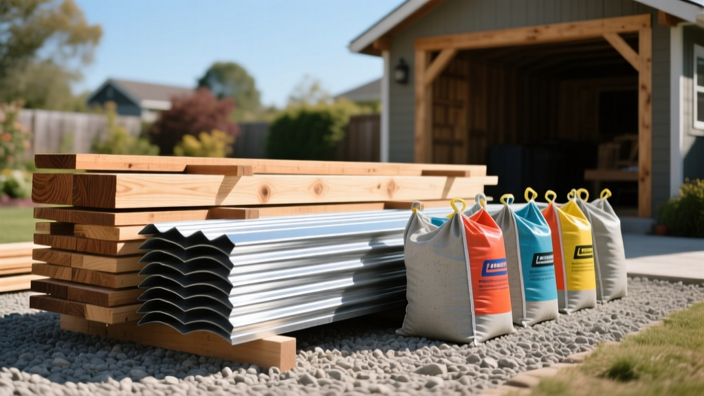 Stacked pressure-treated lumber, metal roofing panels, and concrete bags organized on a gravel pad for a backyard storage building project.