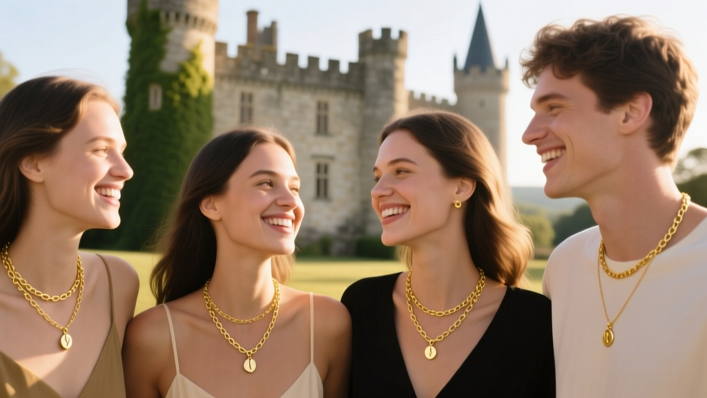 Close-up of matching gold necklaces on four friends against a blurred castle, showcasing the popular girl crew vacation trend.