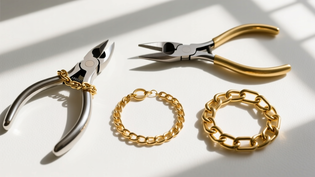 Overhead flat lay of jewelry making tools including chain nose pliers, wire cutters, and three different gold chain link styles