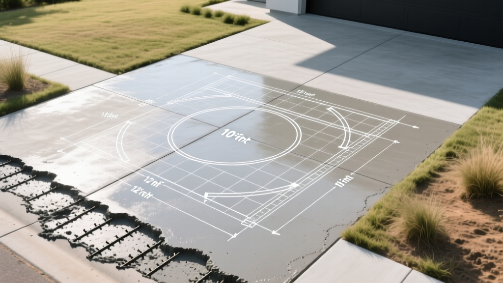 Top-down blueprint overlay on a freshly poured concrete driveway showing dimension lines, rebar grid spacing, and vehicle turning radius markers