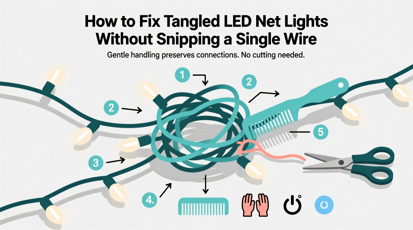 how to fix tangled led net lights without snipping a single wire