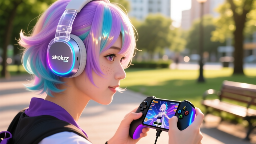 Close-up of an anime fan in a park using a Backbone One mobile controller on a smartphone, wearing a Shokz open-ear headset over a cosplay wig.