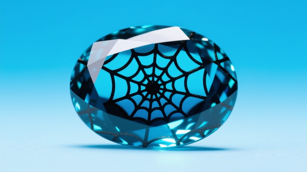 Macro photograph of a Lander Blue turquoise cabochon showing tight black spiderweb matrix against a bright sky-blue background.