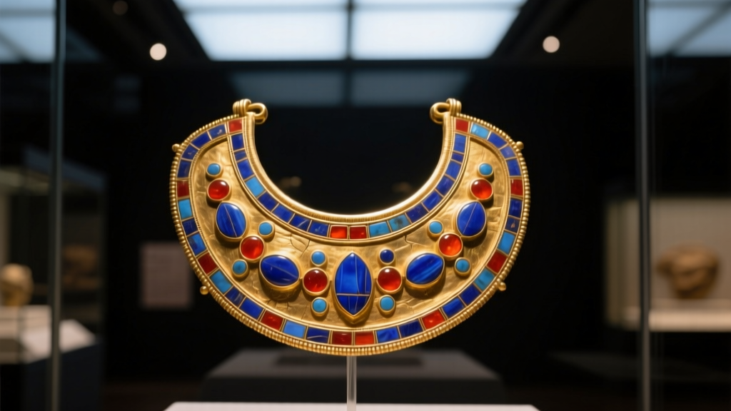Macro photo of an ancient gold pectoral with lapis lazuli and carnelian cloisonné inlay, displayed in a dimly lit museum case.