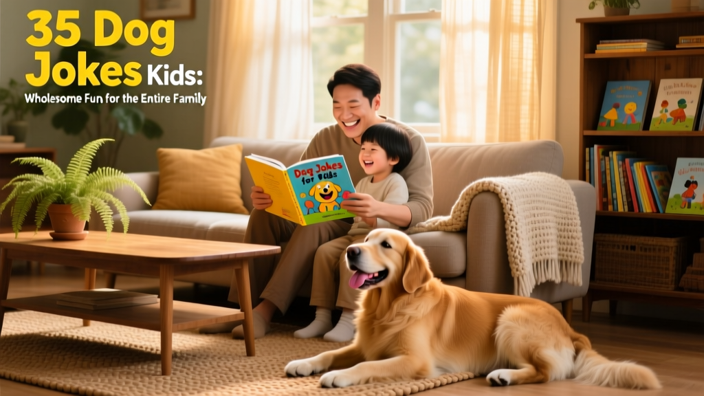 A cozy living room scene with a parent and child reading dog jokes aloud, their dog resting nearby with a happy expression