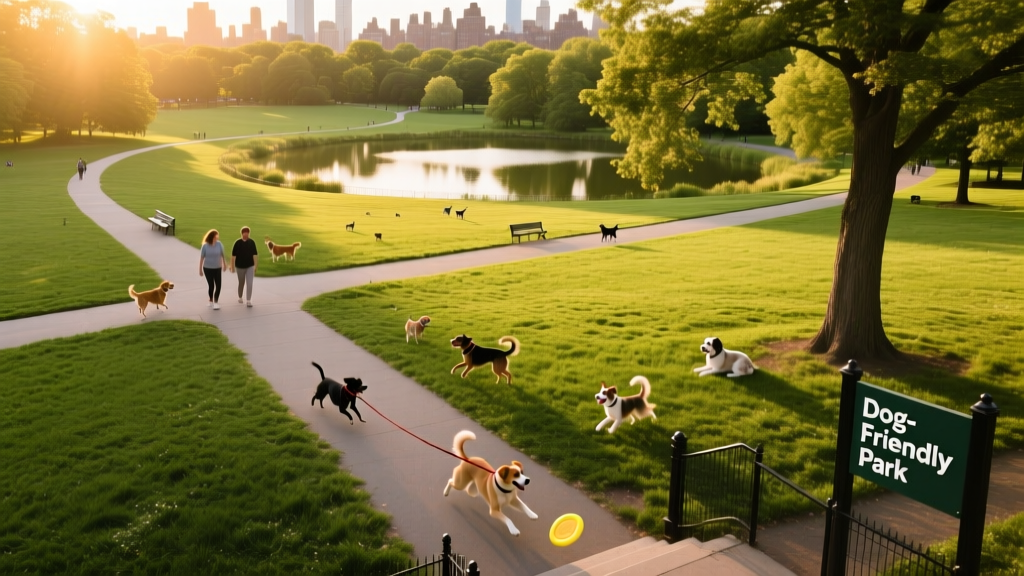 Aerial view of Prospect Park with green lawns, walking paths, and dogs playing
