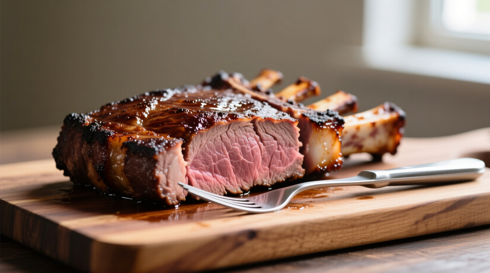 Perfectly cooked boneless prime rib on cutting board