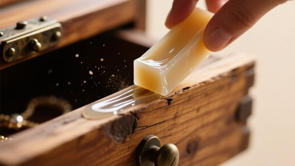 Macro shot of a wooden jewelry box drawer rail being gently rubbed with a block of clear paraffin wax for lubrication.