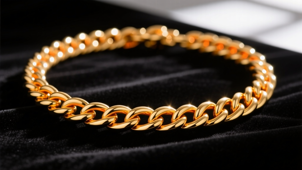 Close-up of a thick 24 karat gold rope chain necklace on dark velvet, highlighting its rich orange-yellow hue and high polish finish.
