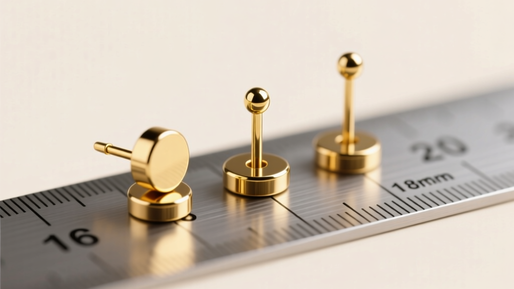 Macro shot of three 16-gauge flat gold earring posts, 6mm, 8mm, and 10mm long, aligned on a millimeter ruler for clear scale.