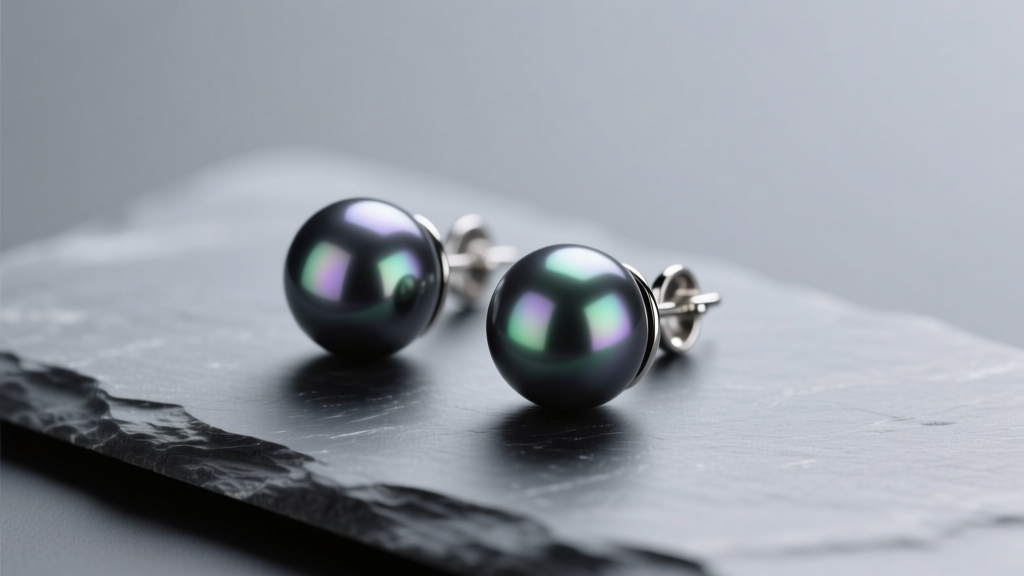 Dark gray Tahitian pearl earrings resting on slate, lit by soft studio lighting to highlight their natural luster and overtones