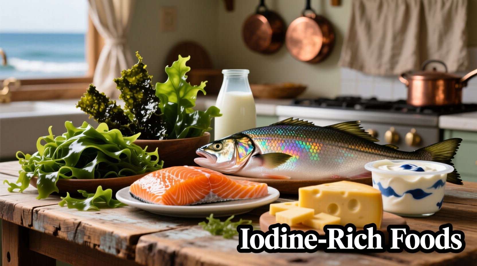 Colorful array of iodine-rich foods including seaweed, fish, and dairy