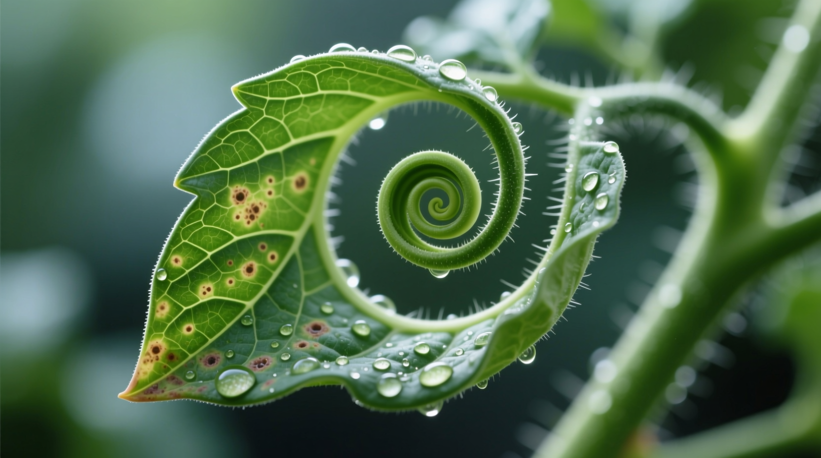 Close-up of tomato leaf curl showing upward rolling pattern