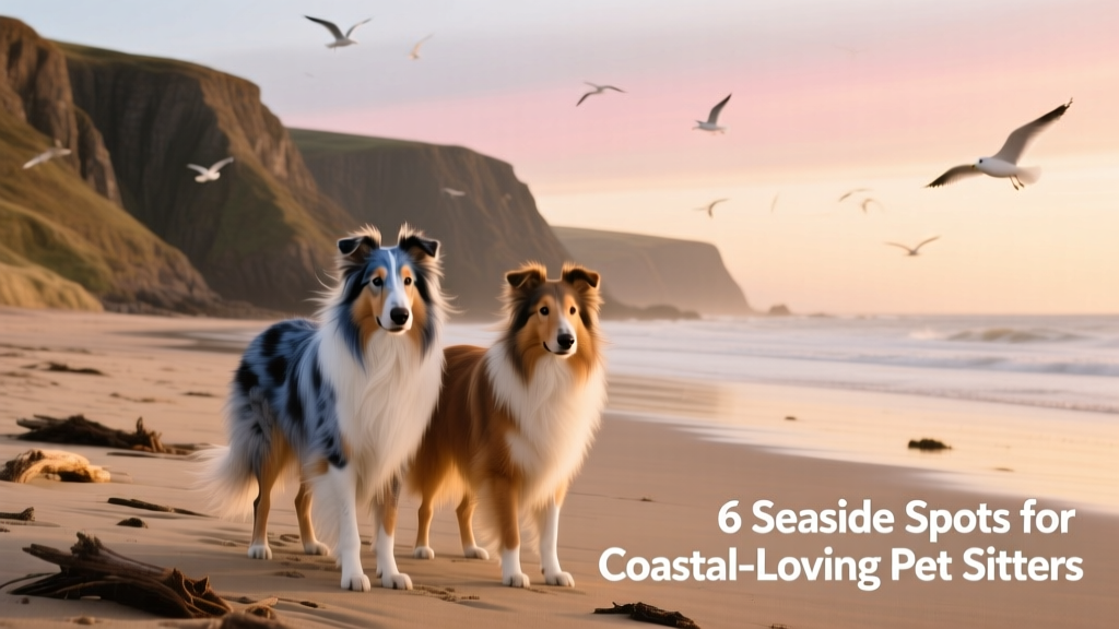 Two collies, Blu and Bob, standing on a windswept Northumberland beach with coastal cliffs in the background