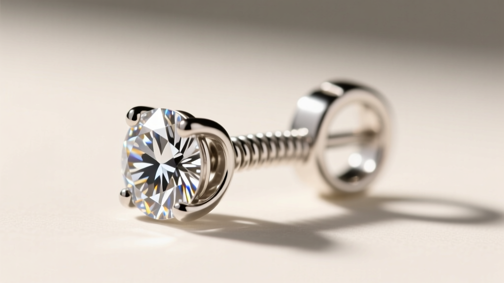 Macro photography of a platinum La Pousette locking earring back securing a round brilliant diamond, sharp focus on the spring.
