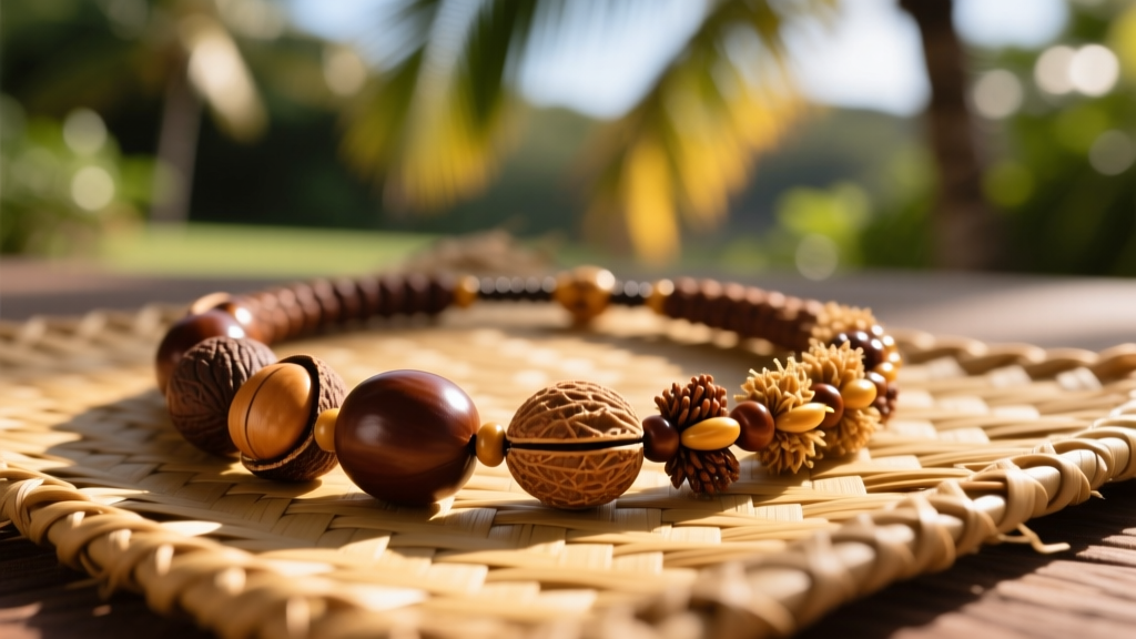 Close-up of a traditional Hawaiian kukui nut and wiliwili seed necklace resting on a woven lauhala mat in warm, natural sunlight.