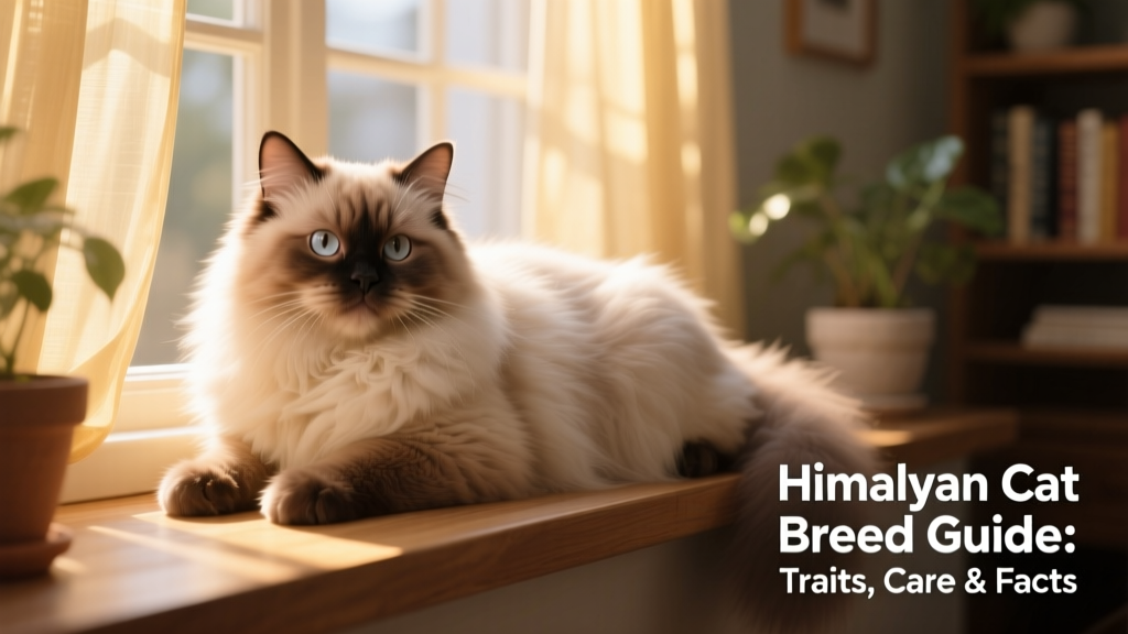 A senior Himalayan cat resting peacefully on a sunlit windowsill, showing healthy coat condition and relaxed demeanor
