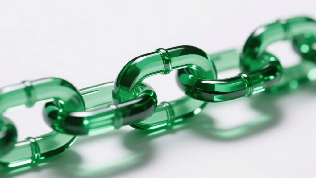 Macro shot of interlocking cast acrylic chain links in translucent emerald green, highlighting polished edges and optical clarity.