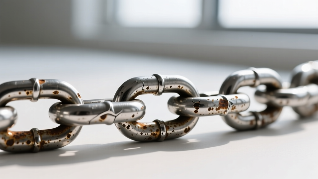 Macro shot of a tarnished 304 stainless steel chain revealing micro-pitting and small rust spots on the polished metal links