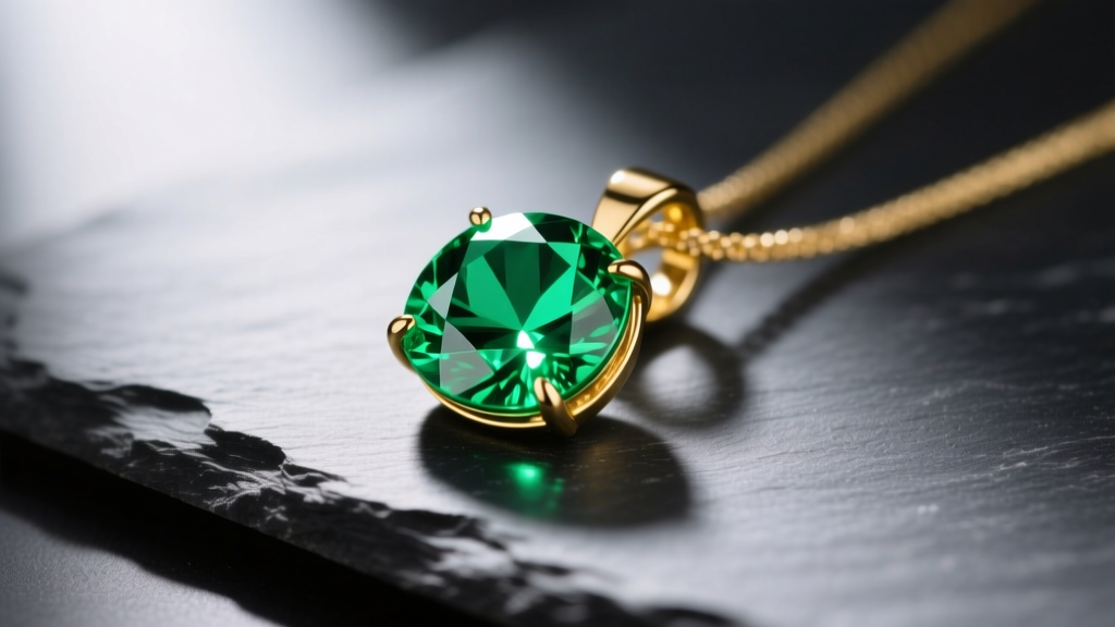 Vibrant green tsavorite garnet pendant in 18k yellow gold resting on dark slate with soft studio lighting highlighting facets