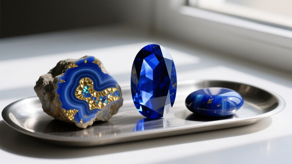 Raw Afghan lapis cabochons with pyrite next to polished Chilean lapis stones on a silver jeweler