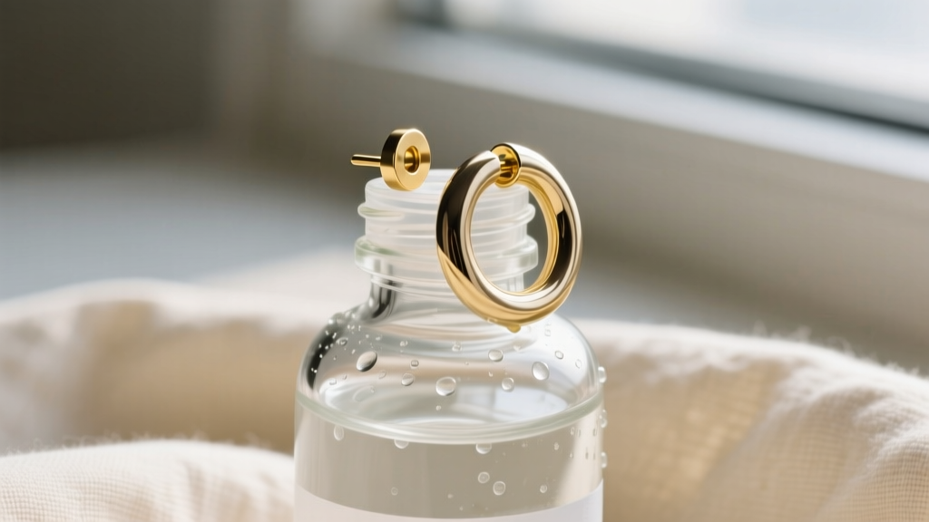 Close-up of a curated ear stack with gold threadless ends and titanium huggies, resting on a sterile saline bottle and soft linen.