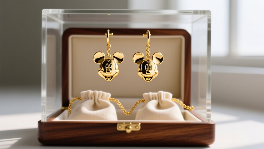 Two 14kt gold Mickey Mouse drop earrings stored separately in individual anti-tarnish microfiber pouches inside a mahogany box