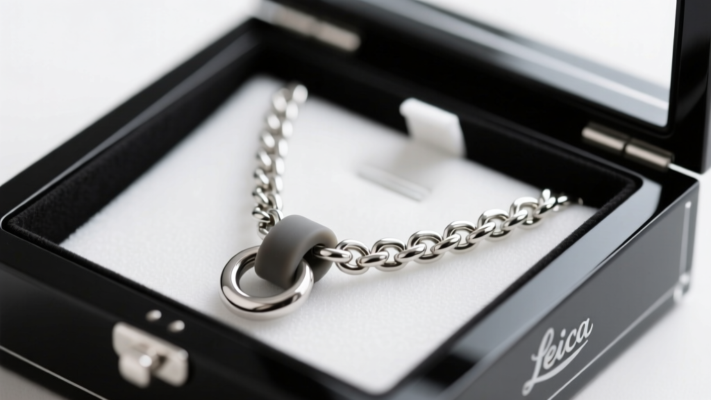 Macro shot of a sterling silver chain securely fastened to a silicone clasp anchor inside a premium archival box necklace holder.