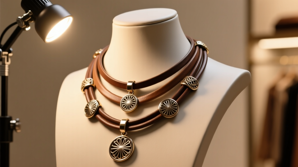 Warm LED clip-on light illuminating a vegan leather necklace bust, showcasing layered pendant necklaces at a boutique trunk show