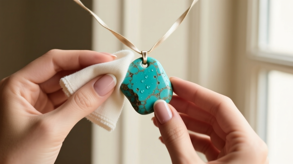 Hands gently wiping a porous turquoise handmade necklace bead with a barely damp lint-free cloth, avoiding the silk stringing.