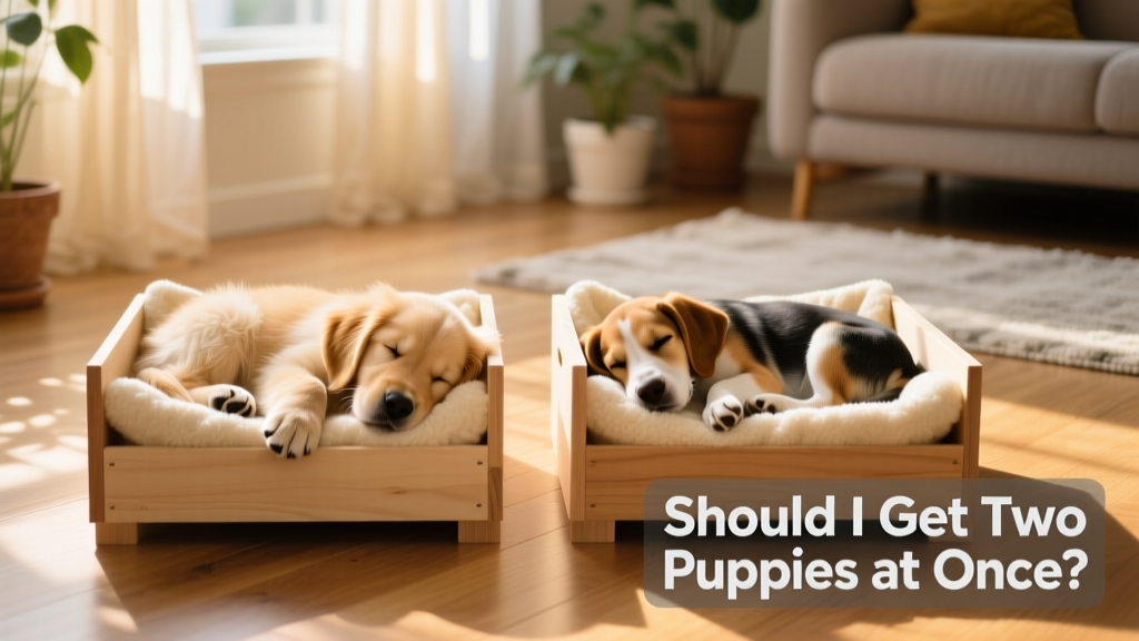 Two clean, relaxed puppies sleeping side-by-side in cozy, matching crates with soft bedding