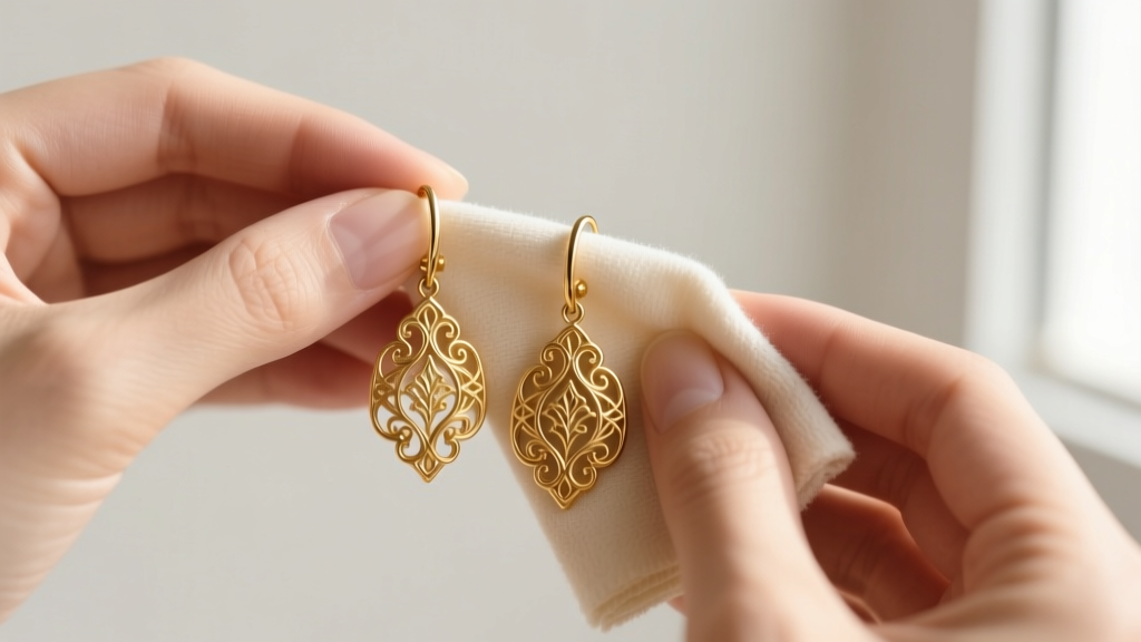 Hands cleaning gold vermeil drop earrings with a soft cloth, highlighting the intricate textured metal surface in natural daylight.