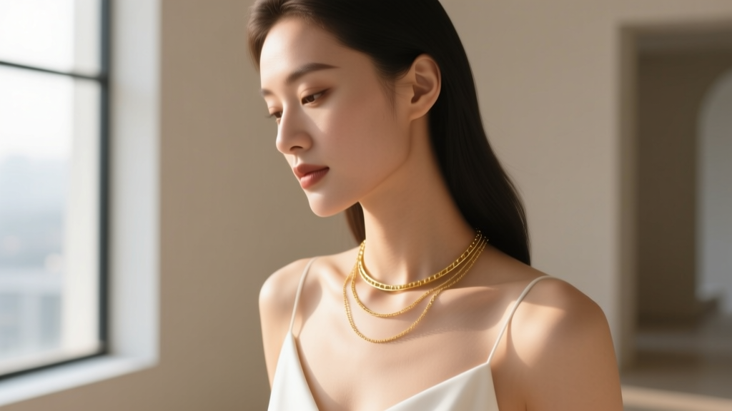 Woman wearing a white gold station necklace layered with a gold chain, lit by soft natural daylight from a bright nearby window.