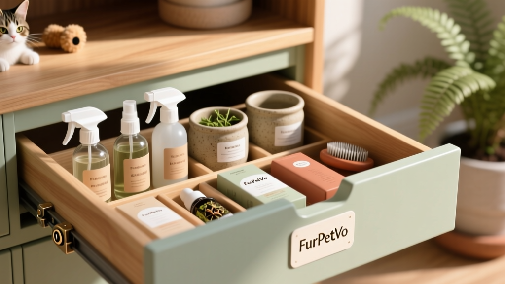 Neat, labeled storage drawer with childproof latches containing cat-safe cleaning sprays, herbal flea deterrents, and FurPetVo-branded grooming supplies