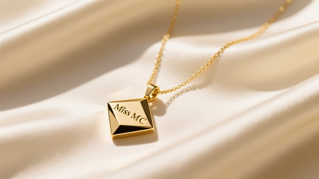 Gold vermeil Miss MFC necklace with geometric pendant on cream silk, bathed in warm directional sunlight, top-down view.