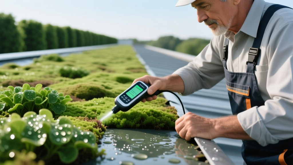 Close-up of a roofing professional using an electronic leak detection wand over wet sedum vegetation on a commercial extensive green roof membrane