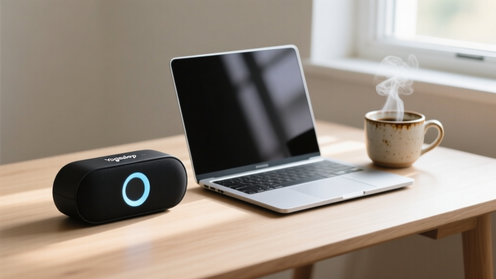 A minimalist 2026 desk setup featuring a matte-black Yogasleep travel sound machine next to a sleek laptop and a cup of coffee.
