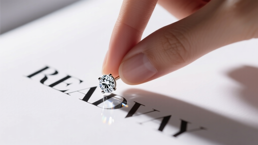 Fingers holding a diamond stud earring over printed text, demonstrating the read-through test with sharp letters visible beneath.