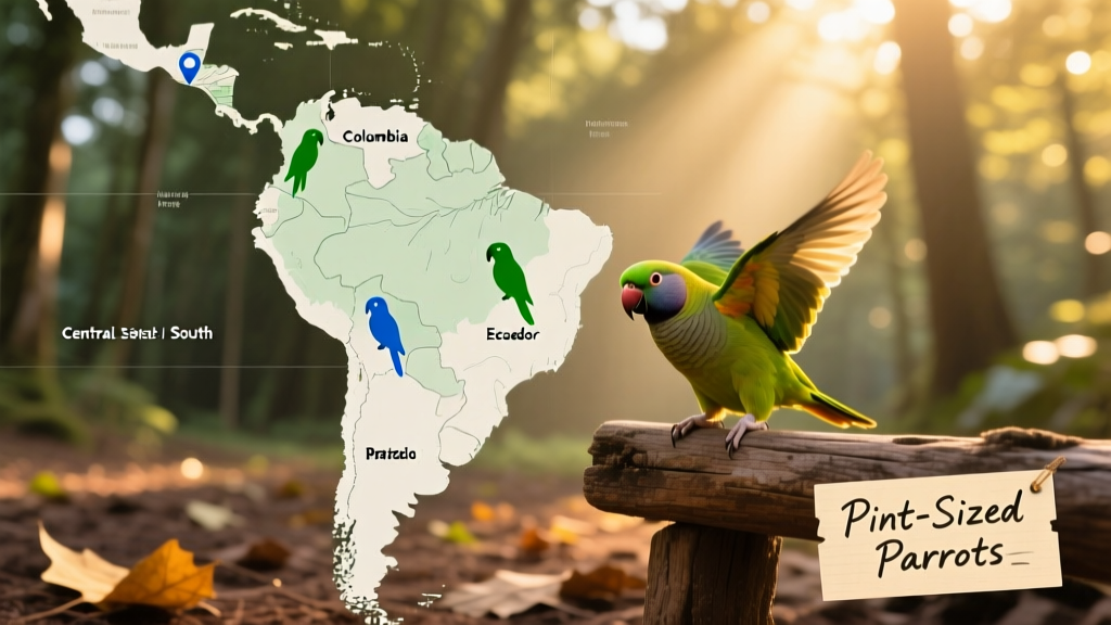 Map highlighting native range of parrotlets across Central and South America, with icons marking key countries