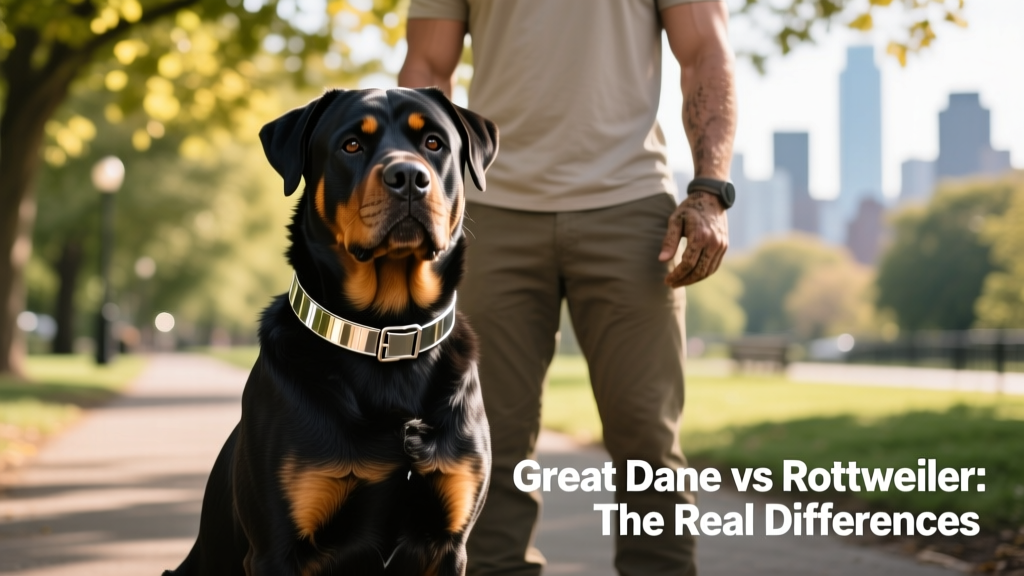 A confident, well-muscled Rottweiler sitting attentively beside its handler, wearing a reflective collar and focused expression